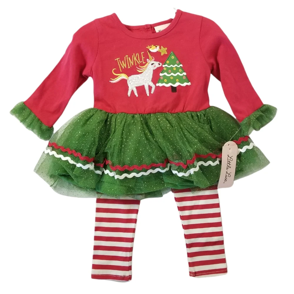 LITTLE LASS Christmas Unicorn 2 Piece Set Girls 18M Tulle Embroidered Holidays - Picture 8 of 8